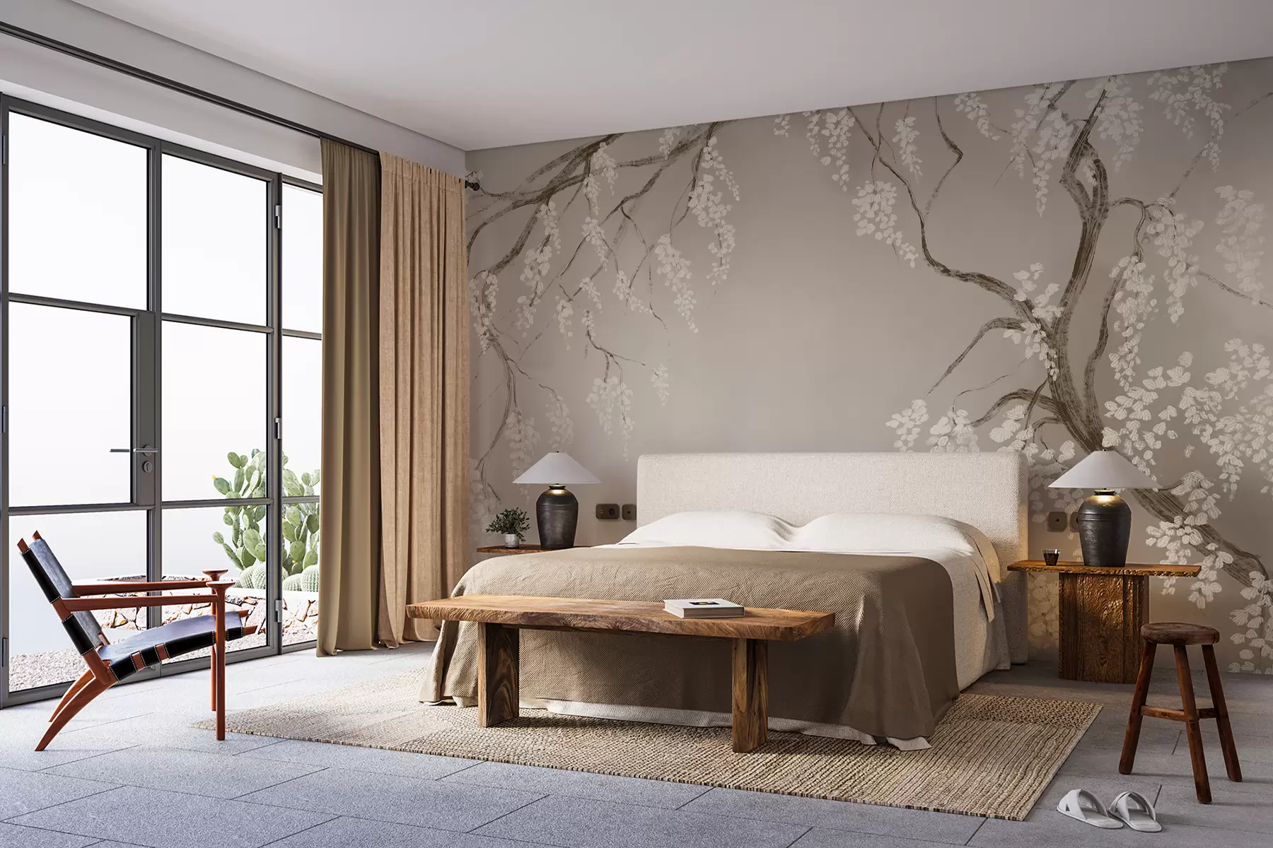 murales de pared Delicado cerezo blanco con flores floreciendo en las ramas sobre un fondo beige w08243