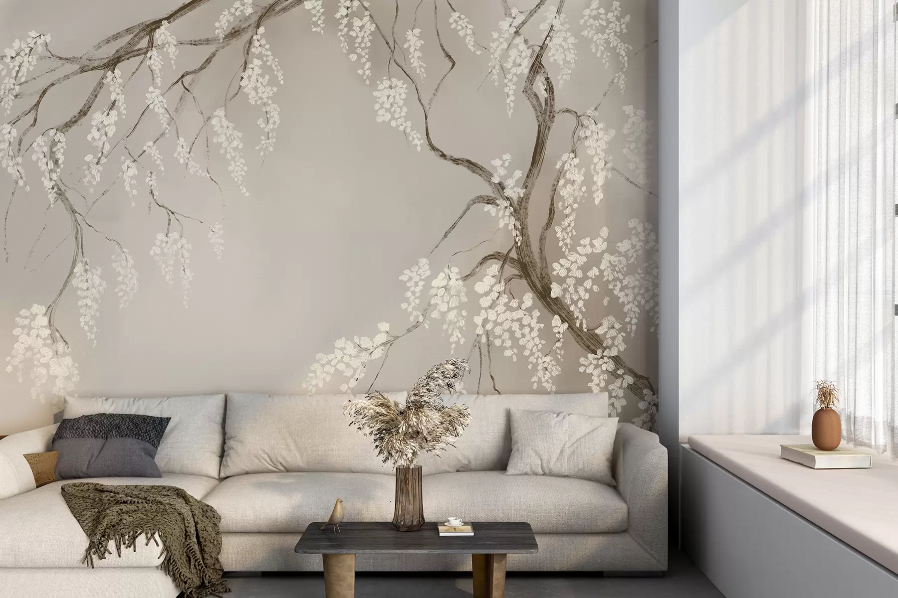 murales de pared Delicado cerezo blanco con flores floreciendo en las ramas sobre un fondo beige w08243
