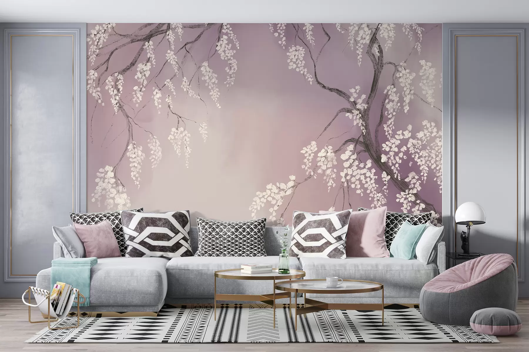 murales de pared Delicado cerezo blanco con flores floreciendo en las ramas sobre un fondo rosa w08243v2