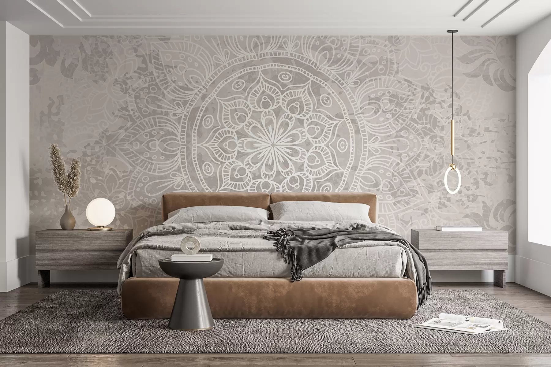 murales de pared Un patrón de mandala blanco detallado sobre un fondo vintage texturizado de color gris claro. w08246