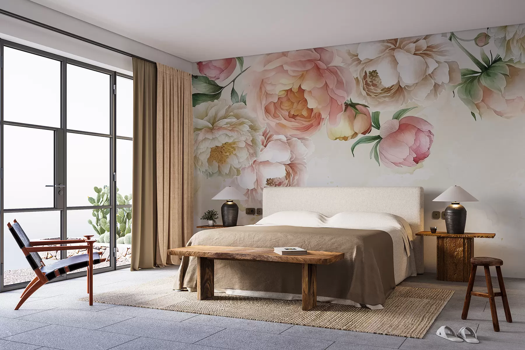 murales de pared Delicadas peonías rosas y blancas con exuberantes hojas verdes sobre un fondo de acuarela claro. w08248