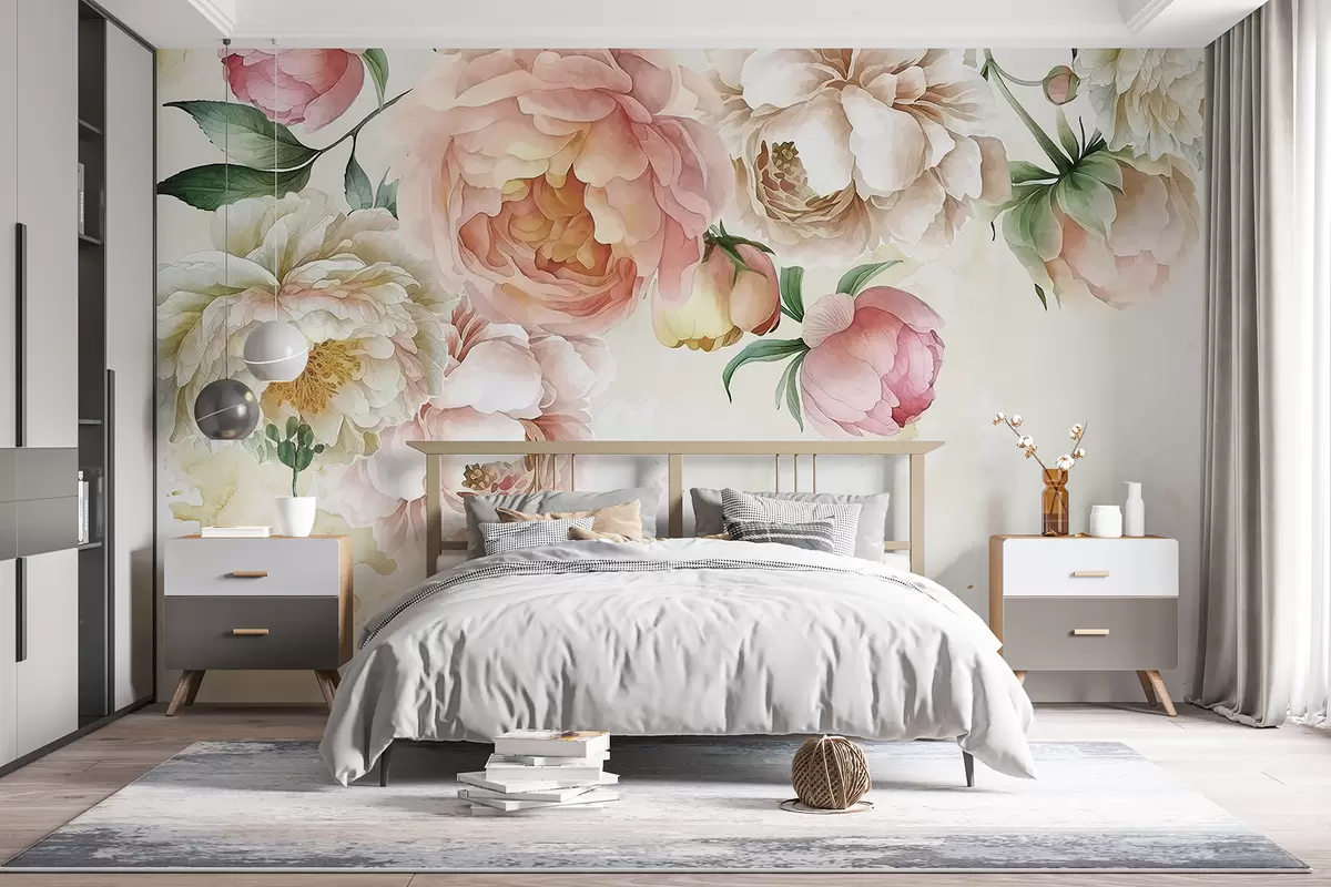 murales de pared Delicadas peonías rosas y blancas con exuberantes hojas verdes sobre un fondo de acuarela claro. w08248