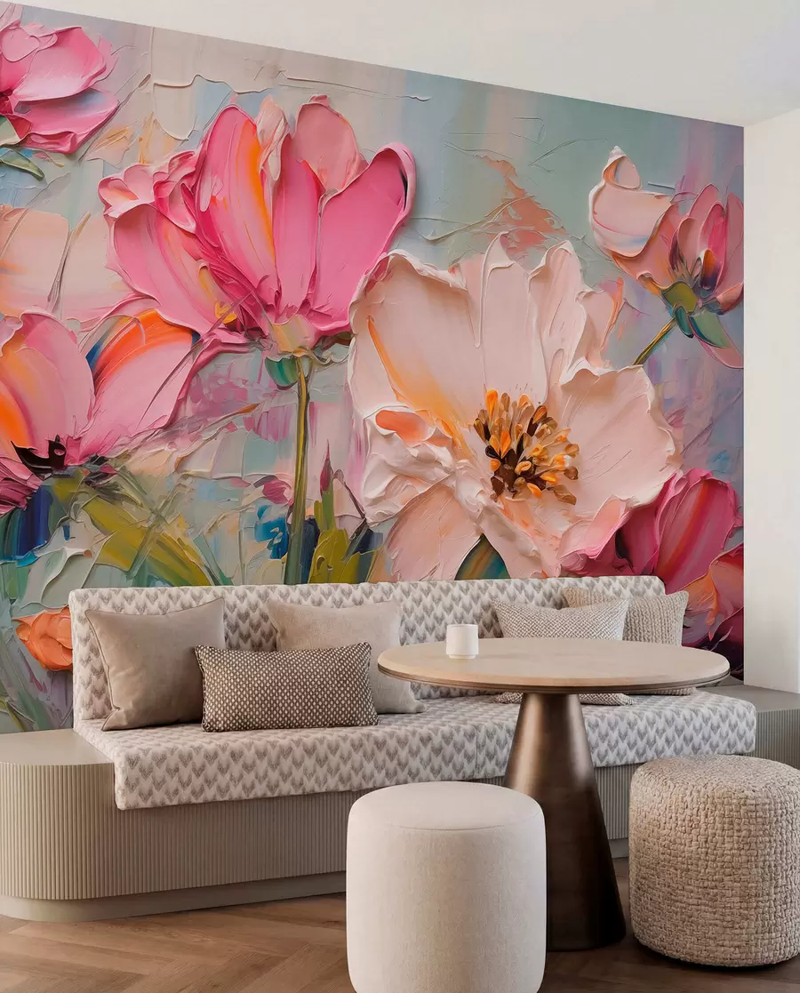 murales de pared Flores de color rosa brillante sobre un fondo gris azulado claro w01039