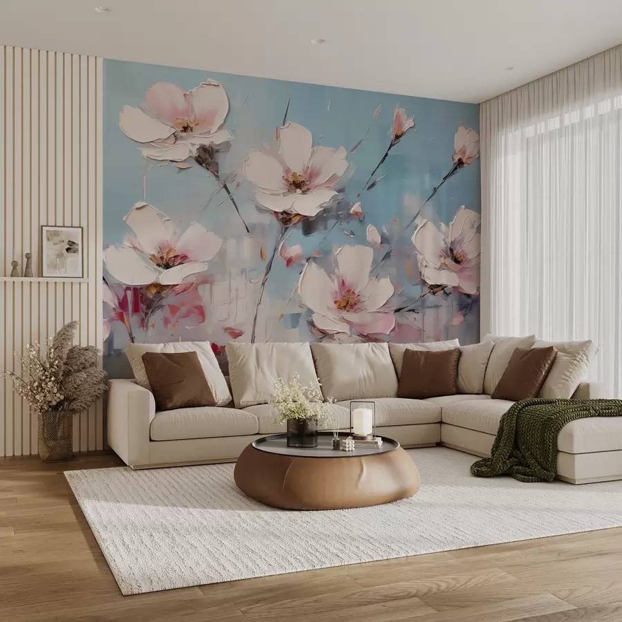 murales de pared Flores sobre fondo abstracto, color blanco, azul, gris y rosa. w01041