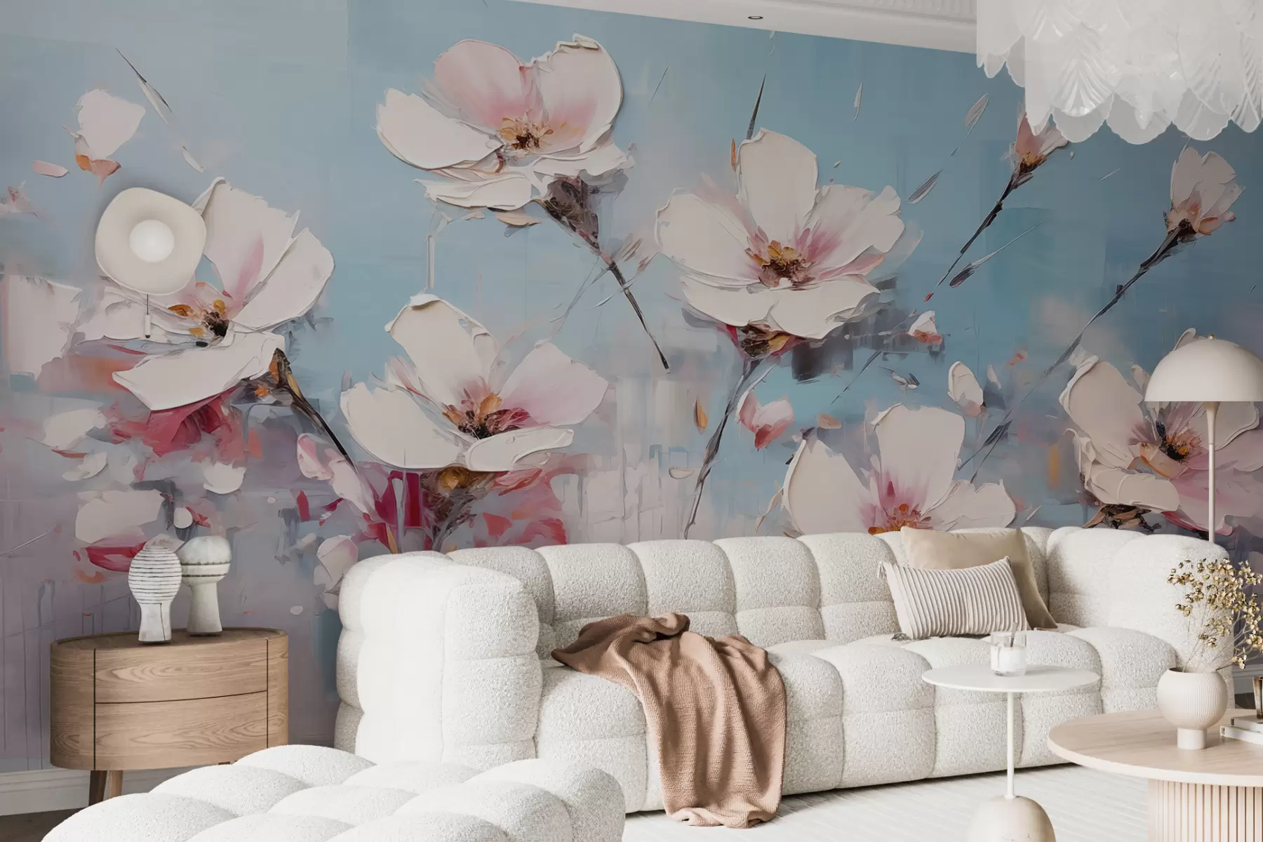 murales de pared Flores sobre fondo abstracto, color blanco, azul, gris y rosa. w01041