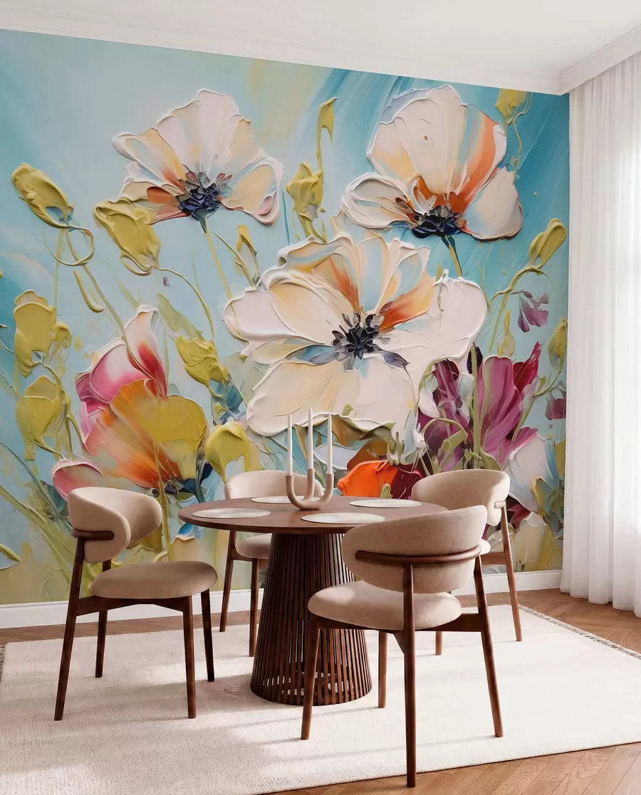 murales de pared Amapolas blancas abstractas sobre fondo azul, imitación de pinceladas w01043