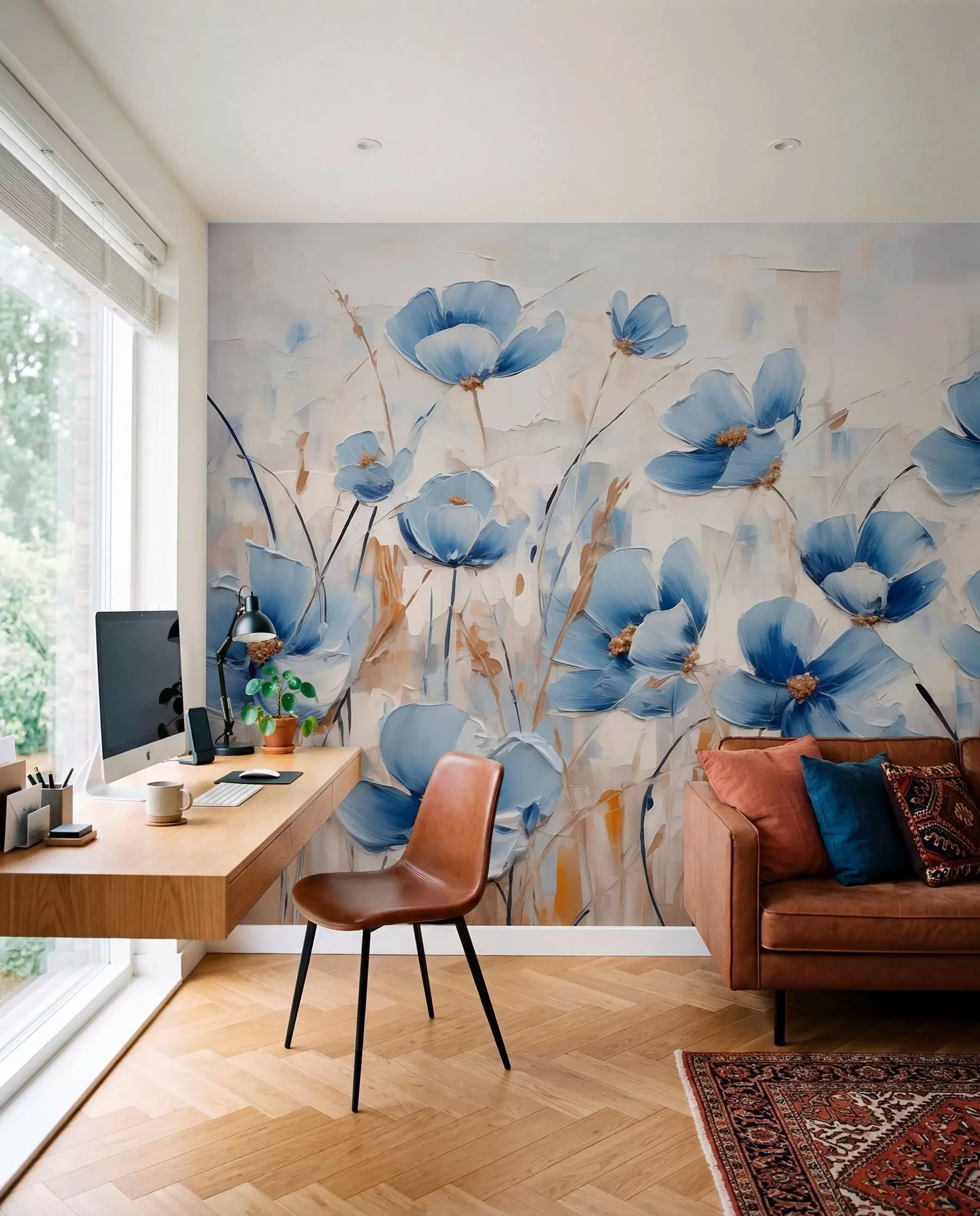 murales de pared Flores azules a trazos vivos w01045