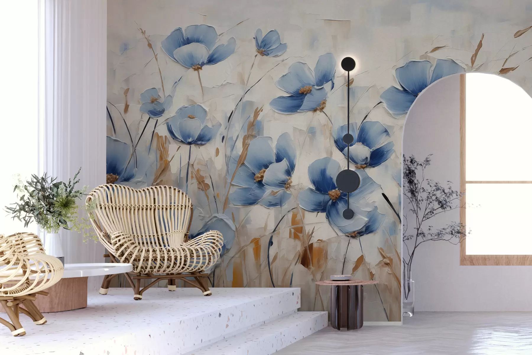 murales de pared Flores azules sobre fondo abstracto, imitación de pinceladas de óleo w01045