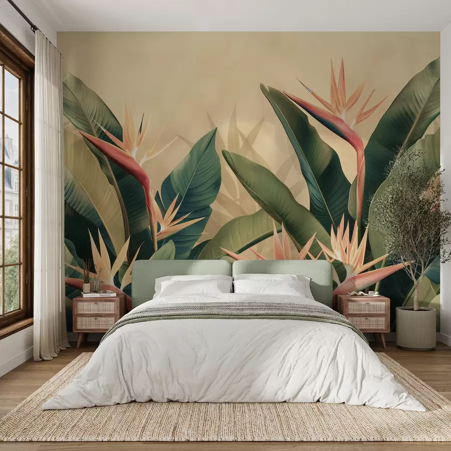 murales de pared Arreglo exuberante de flores tropicales rodeadas de grandes hojas de color verde oscuro w01484v1