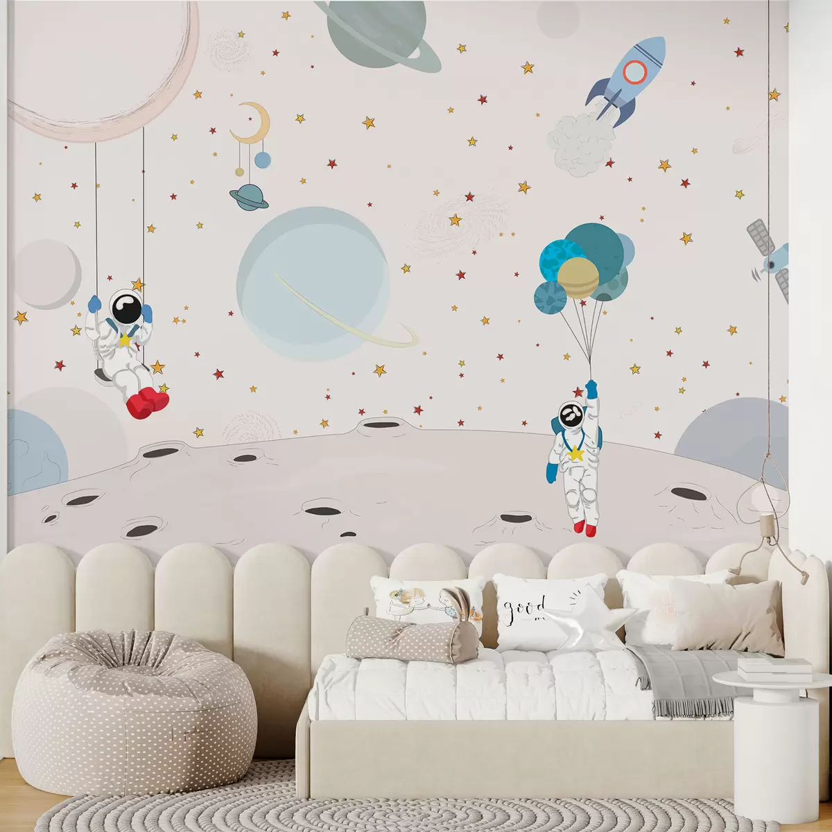 murales de pared Diseño espacial con astronautas, planetas, cohetes y estrellas w01489