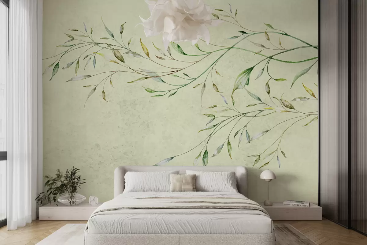 murales de pared ramas con hojas, ramas delgadas, ramas sobre fondo de olivo, acuarela w01078