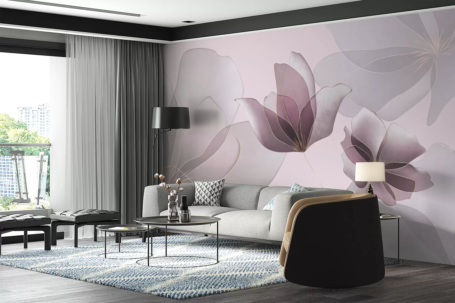 murales de pared Magnolias grandes, magnolias moradas, flores delicadas. w01082