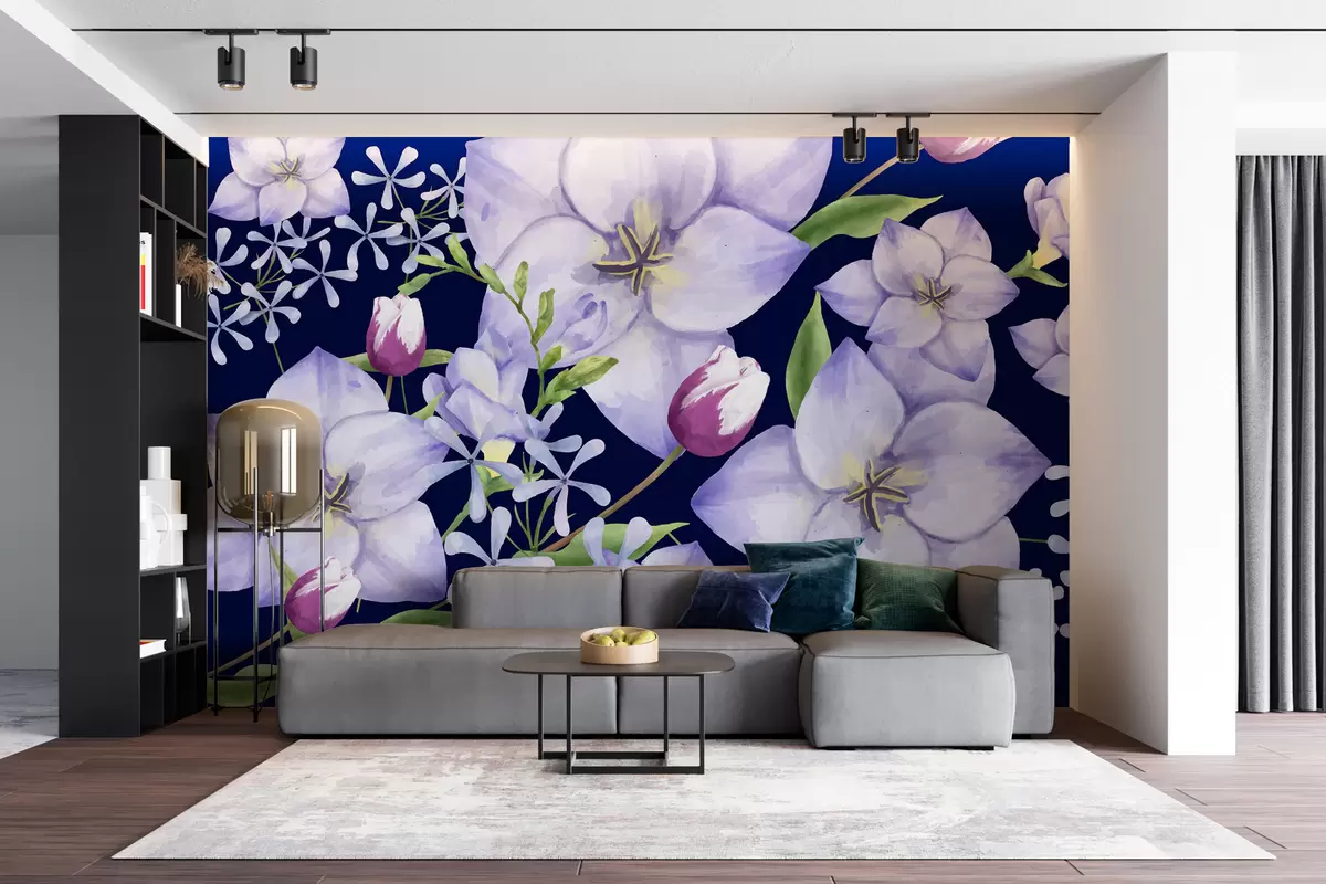 murales de pared grandes flores de acuarela flores de un delicado color lila sobre un fondo azul oscuro w01086