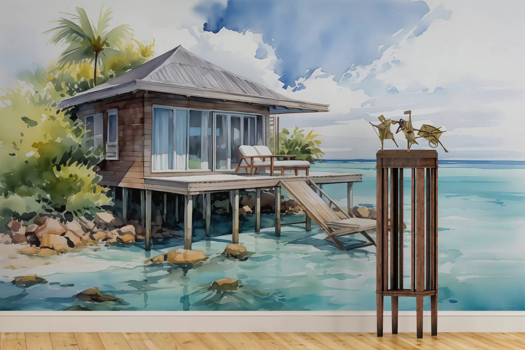 murales de pared Casa de madera entre el mar acuarela w01054