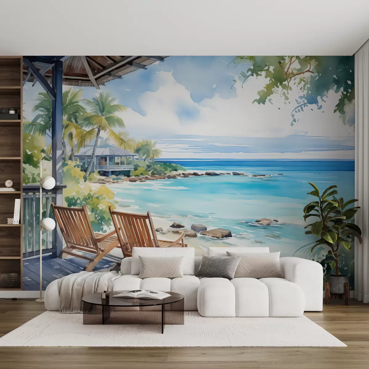 murales de pared Sillas en la terraza de una villa junto al mar acuarela w01055