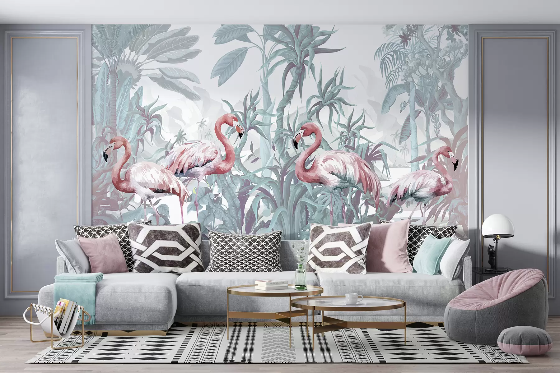 murales de pared  Flamencos rosas de pie en un exuberante follaje tropical con grandes hojas de palmera y flores en tonos verdes y blancos w08250v1