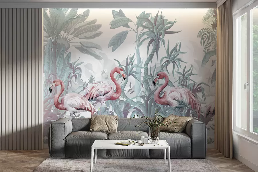 murales de pared  Flamencos rosas de pie en un exuberante follaje tropical con grandes hojas de palmera y flores en tonos verdes y blancos w08250v1