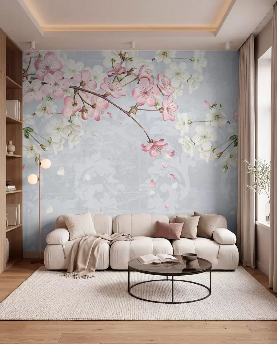 murales de pared Flores de cerezo rosas y blancas en plena floración, con suaves pétalos que caen sobre un fondo azul texturizado w08254