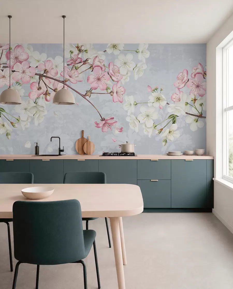 murales de pared Flores de cerezo rosas y blancas en plena floración, con suaves pétalos que caen sobre un fondo azul texturizado w08254