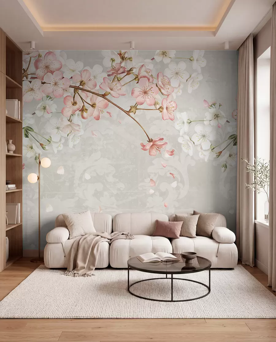 murales de pared Flores de cerezo rosas y blancas en plena floración, con suaves pétalos que caen sobre un fondo beige texturizado w08254v1
