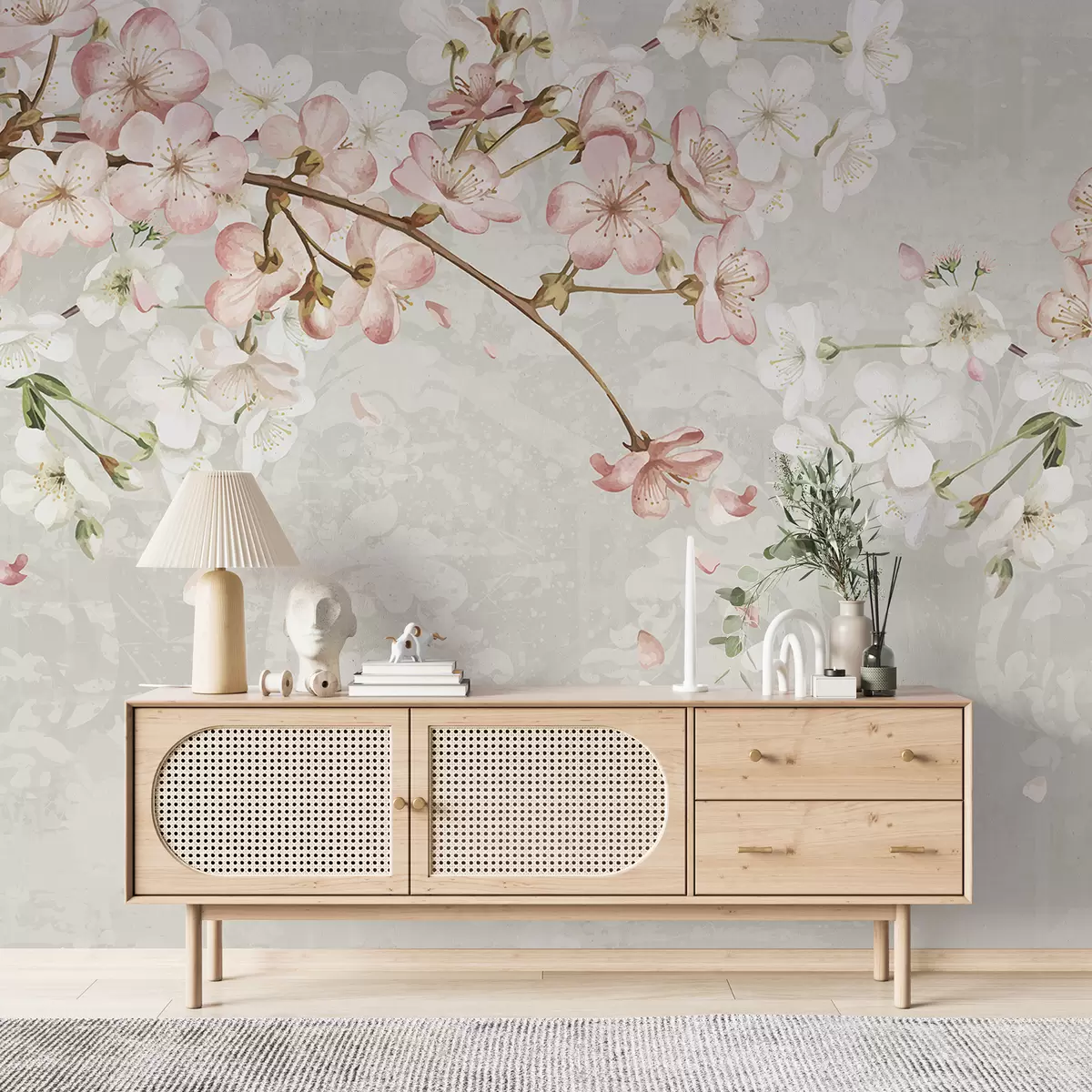 murales de pared Flores de cerezo rosas y blancas en plena floración, con suaves pétalos que caen sobre un fondo beige texturizado w08254v1