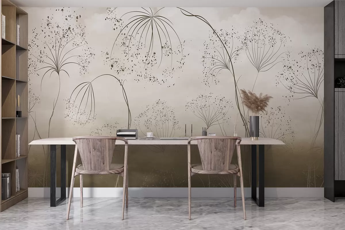 murales de pared Plantas marrones, altas y tenues, con delicadas flores en forma de paraguas o cabezas de semillas en un entorno atmosférico y brumoso w08258