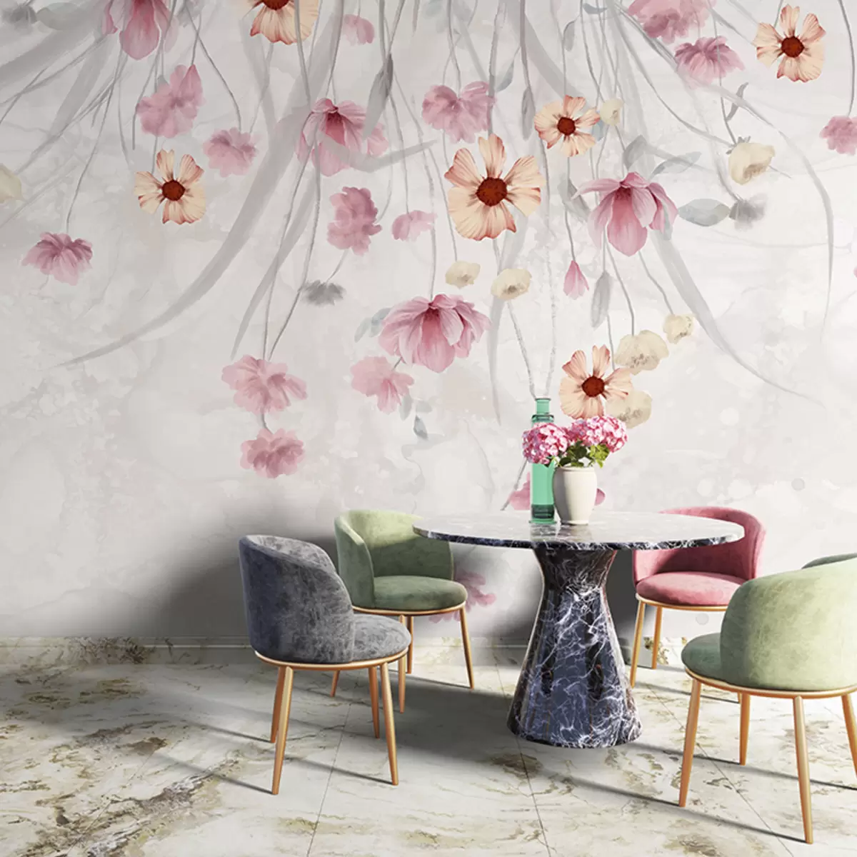 murales de pared Delicadas flores de color rosa pastel y amarillo con centros amarillos que caen en cascada sobre un fondo suave y difuminado w08261v1