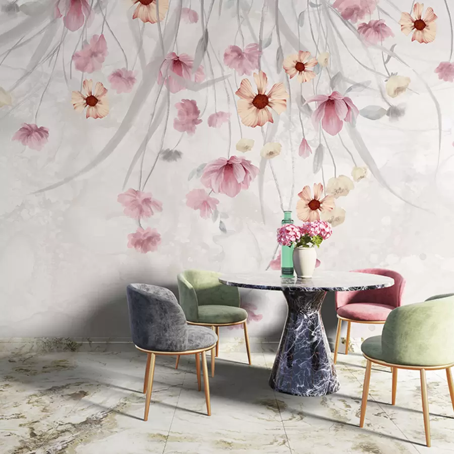 murales de pared Delicadas flores de color rosa pastel y amarillo con centros amarillos que caen en cascada sobre un fondo suave y difuminado w08261v1