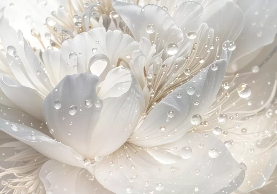 murales de pared Primer plano de una flor de peonía blanca con delicados pétalos y gotas de agua w08262