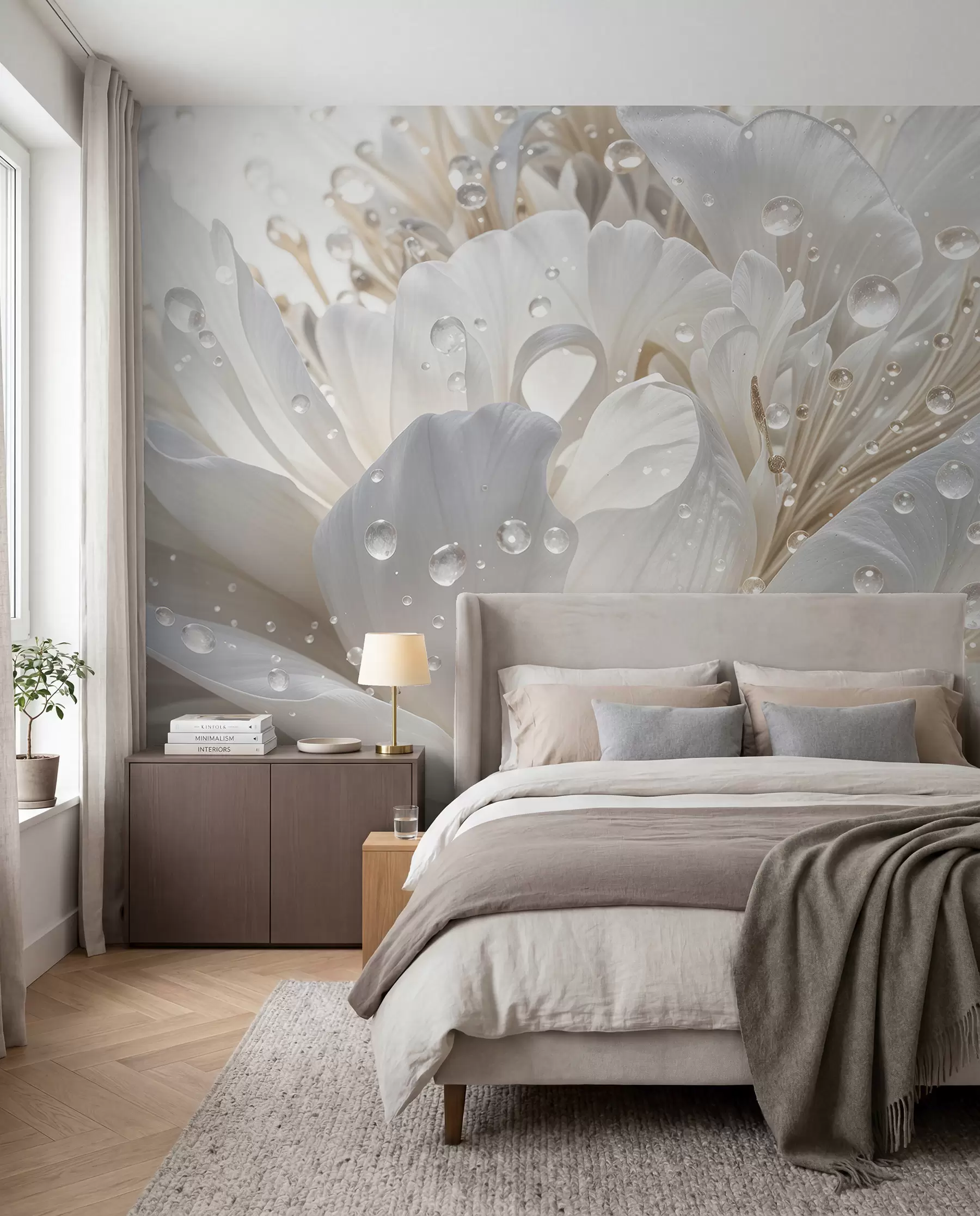 murales de pared Rocío en pétalos blancos w08262