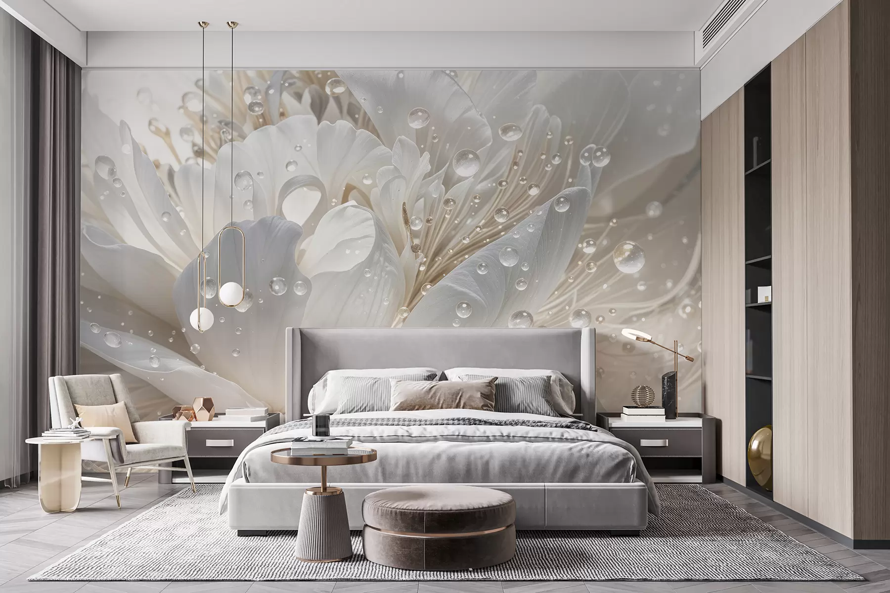 murales de pared Primer plano de una flor de peonía blanca con delicados pétalos y gotas de agua w08262