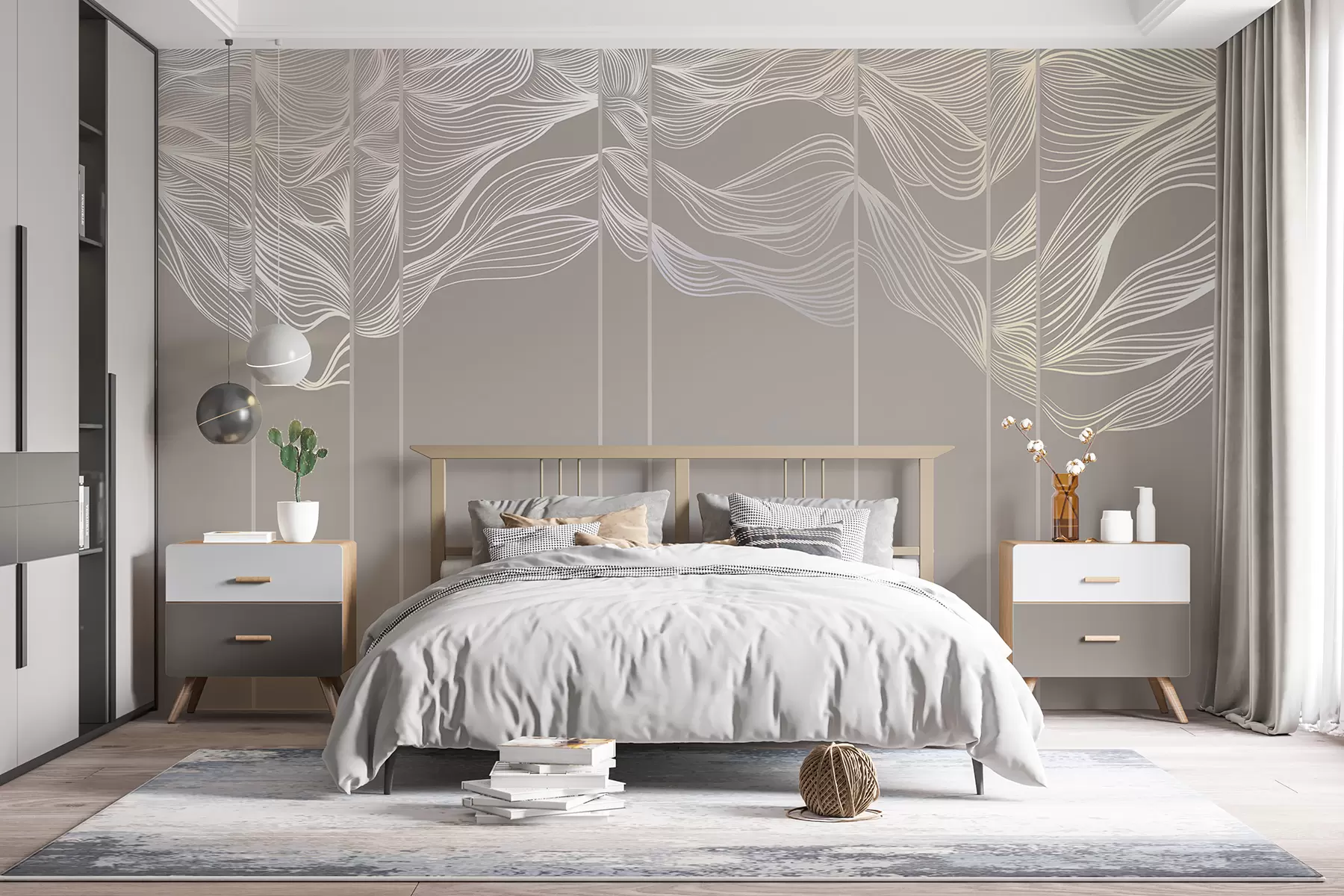 murales de pared Ondas abstractas de líneas blancas sobre fondo marrón claro w08263
