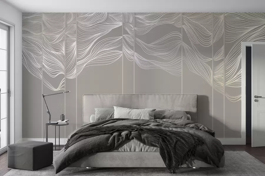 murales de pared Ondas abstractas de líneas blancas sobre fondo marrón claro w08263