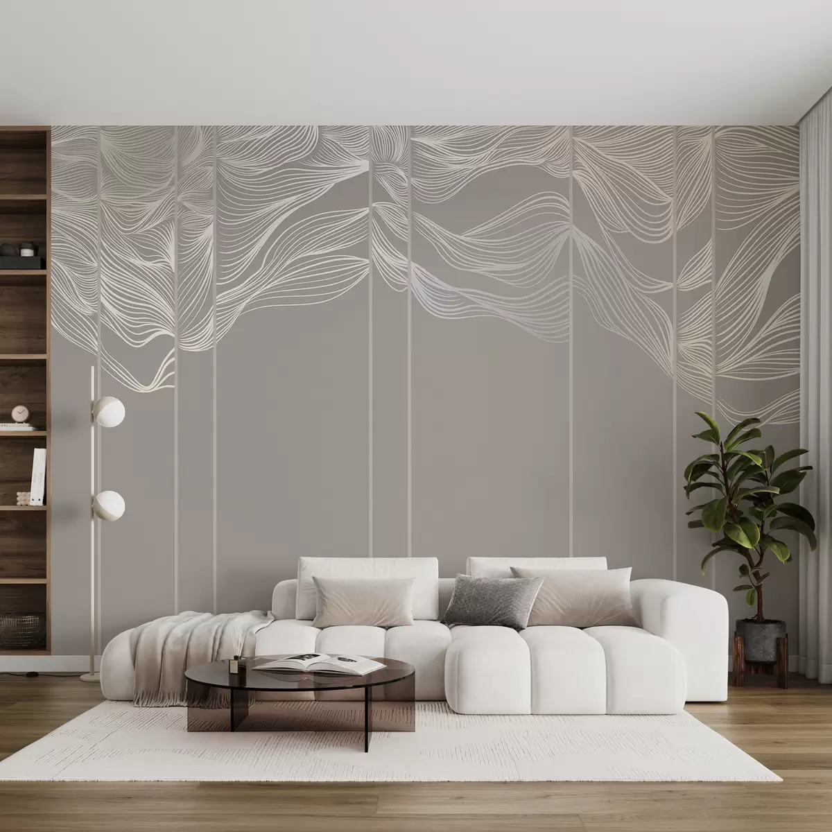 murales de pared Ondas abstractas de líneas blancas sobre fondo marrón claro w08263