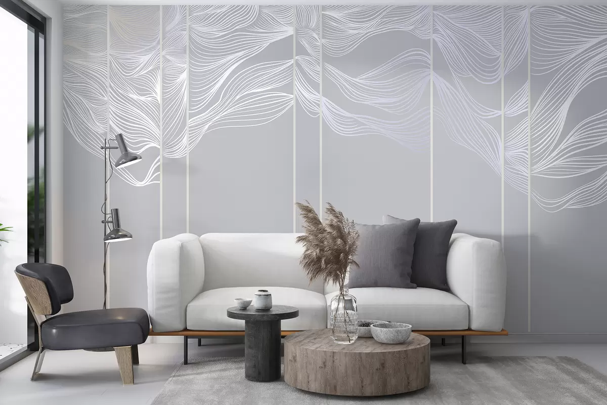 murales de pared Ondas abstractas de líneas blancas sobre fondo gris claro w08263v1