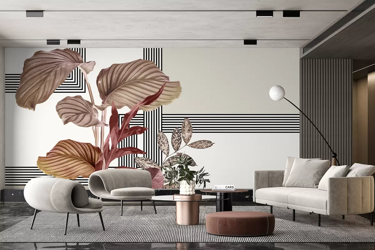 murales de pared Una planta tropical con grandes hojas rosas y verdes sobre un fondo geométrico blanco y negro w08264
