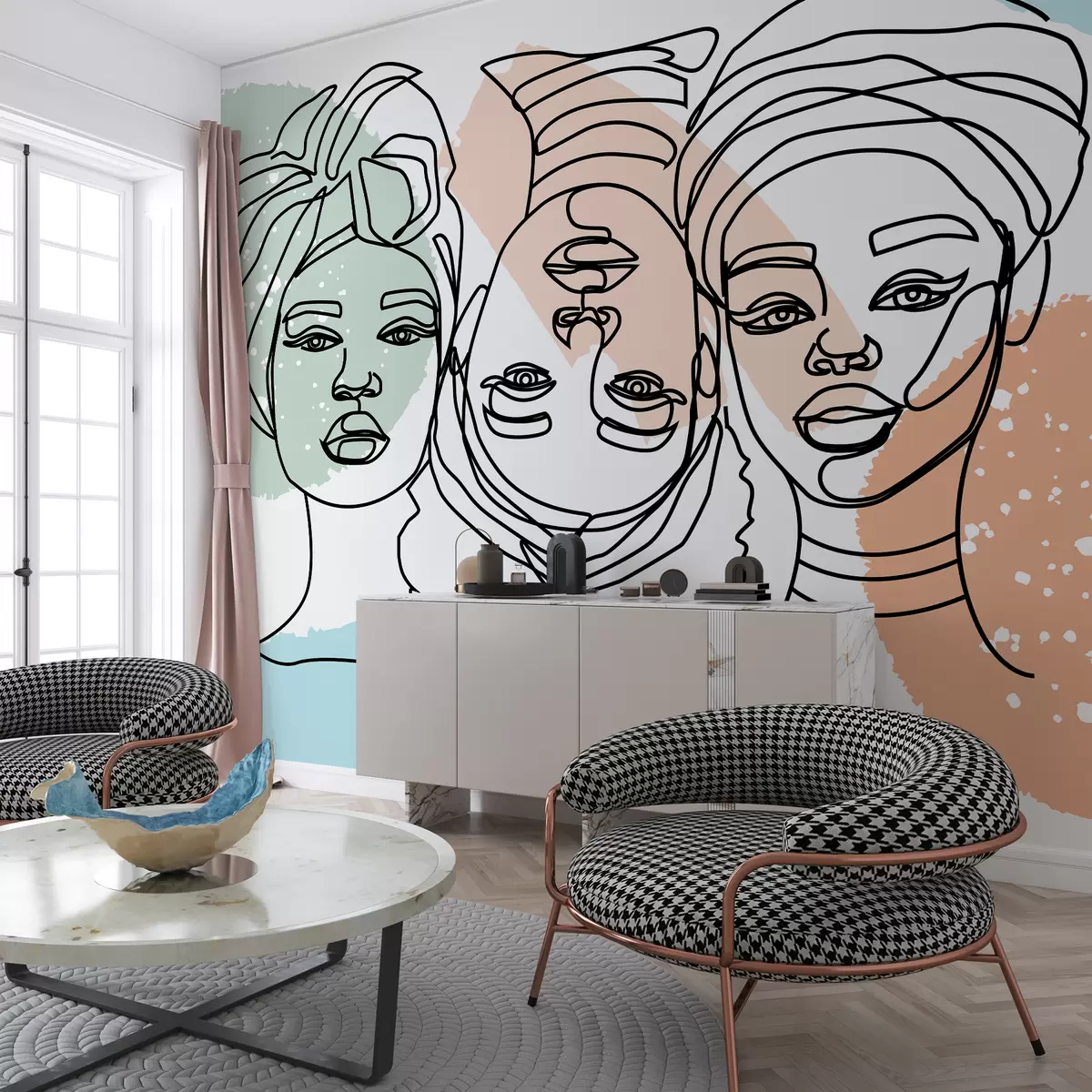 murales de pared Tres mujeres,mujer con lineas,colores suaves,abstracto w01570