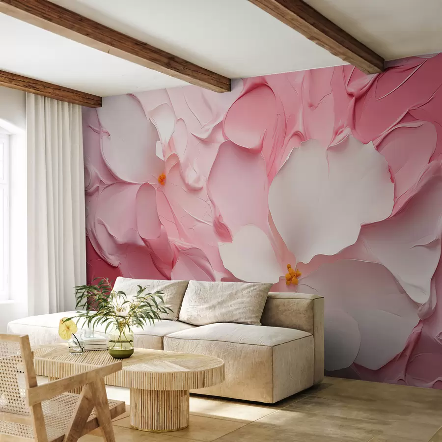 murales de pared Flores blancas abstractas trazos de pintura de color rosa w01555