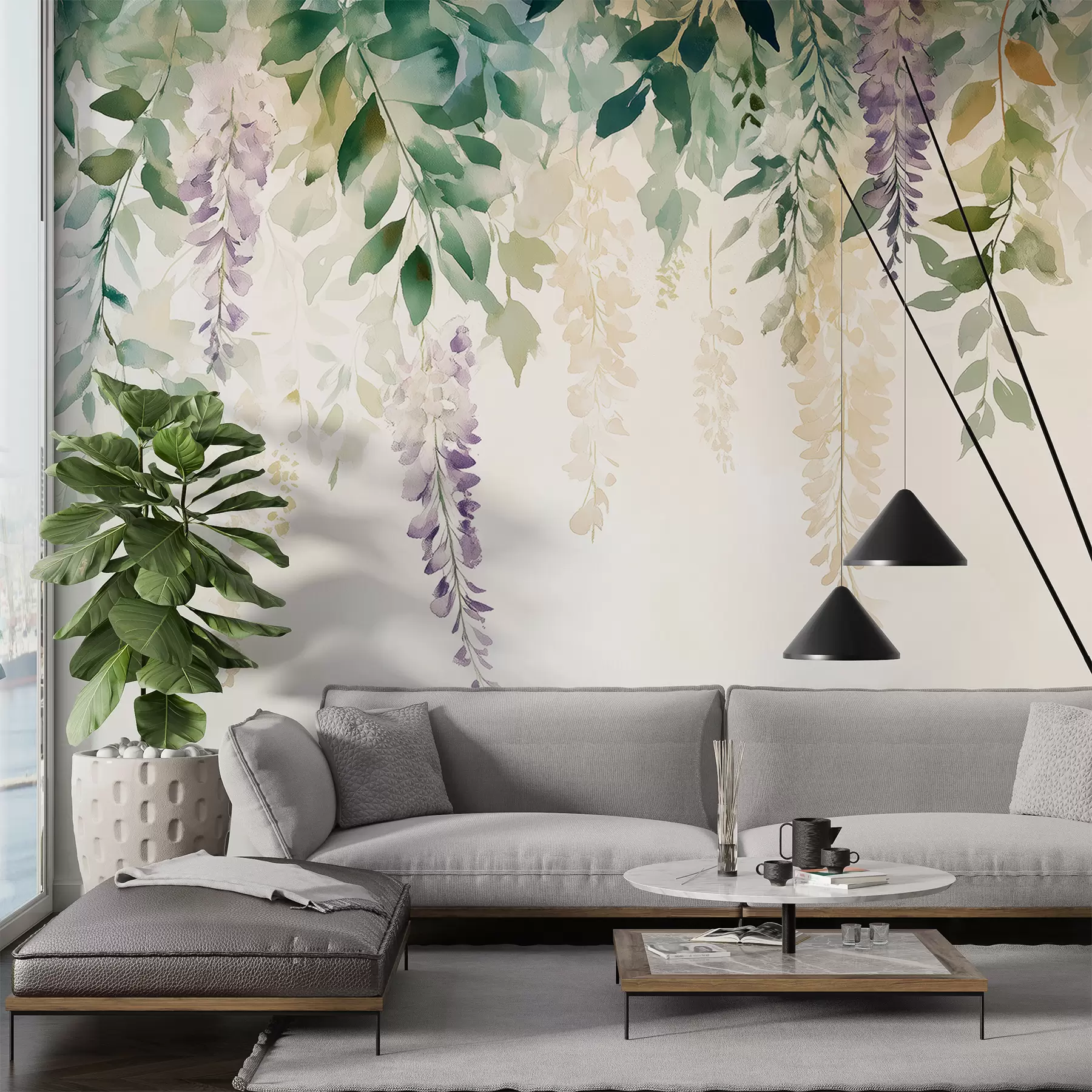murales de pared Adorno de flor de glicina, floral, acuarela, colores naturales w01545