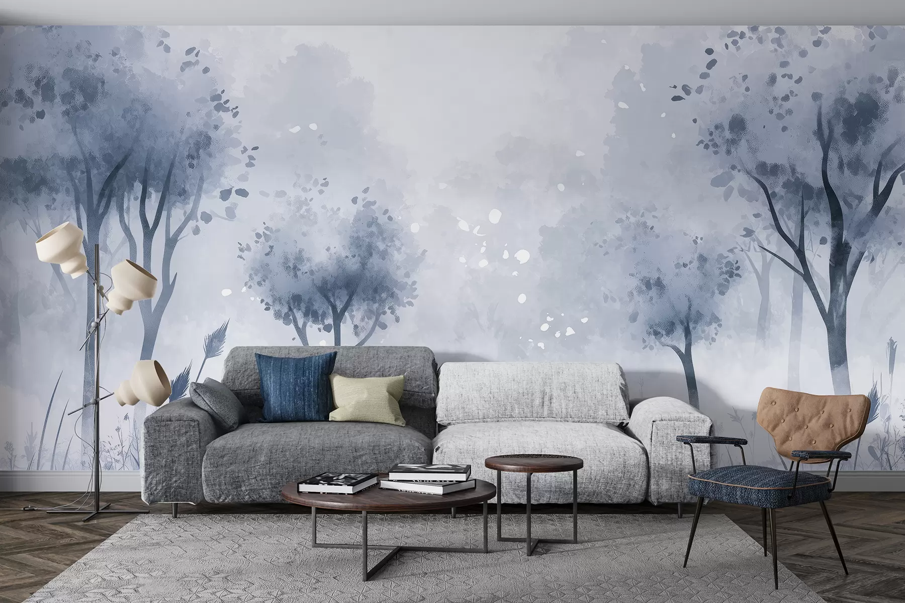 murales de pared Bosque de acuarela con hierba y árboles, color gris w01546v2