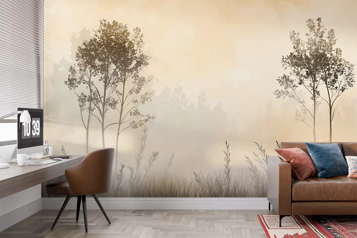murales de pared Bosque brumoso, paisajes naturales, pradera, árboles, color beige w01547