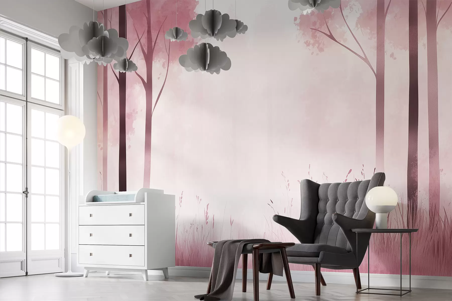 murales de pared Acuarela bosque, niebla, árboles, hierba, paisaje natural, color rosa w01563v1