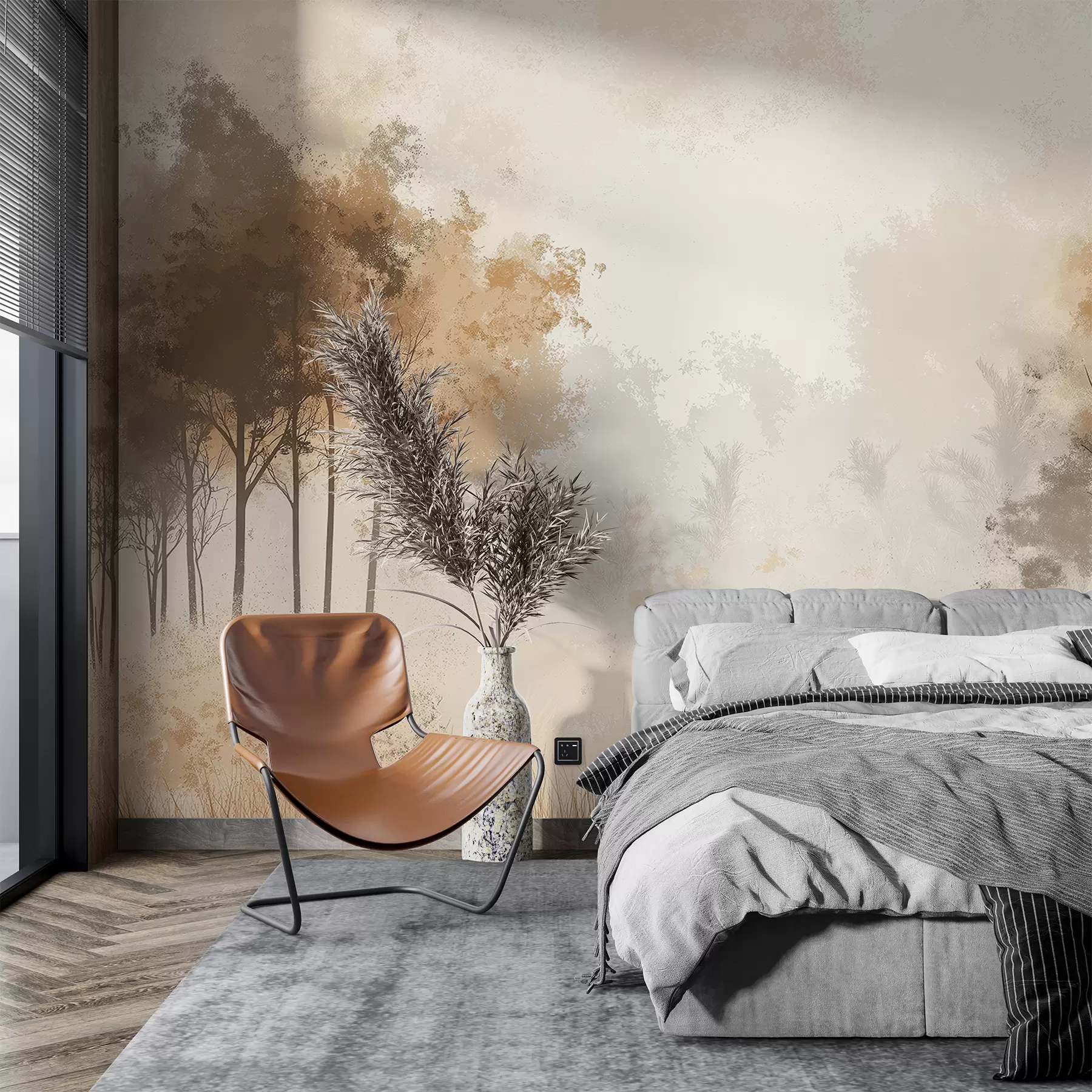 murales de pared Paisajes de naturaleza, árboles en el bosque, textura grunge, colores beige w01564