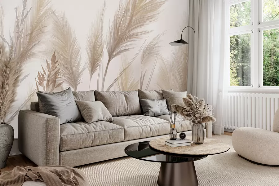 murales de pared Altas espiguillas de hierba beige mecidas por el viento sobre un fondo suave y claro w08268