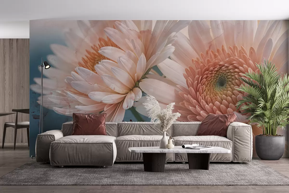 murales de pared Flores de margarita gerbera de color rosa suave con delicados pétalos y textura sobre un fondo azul claro  w08272