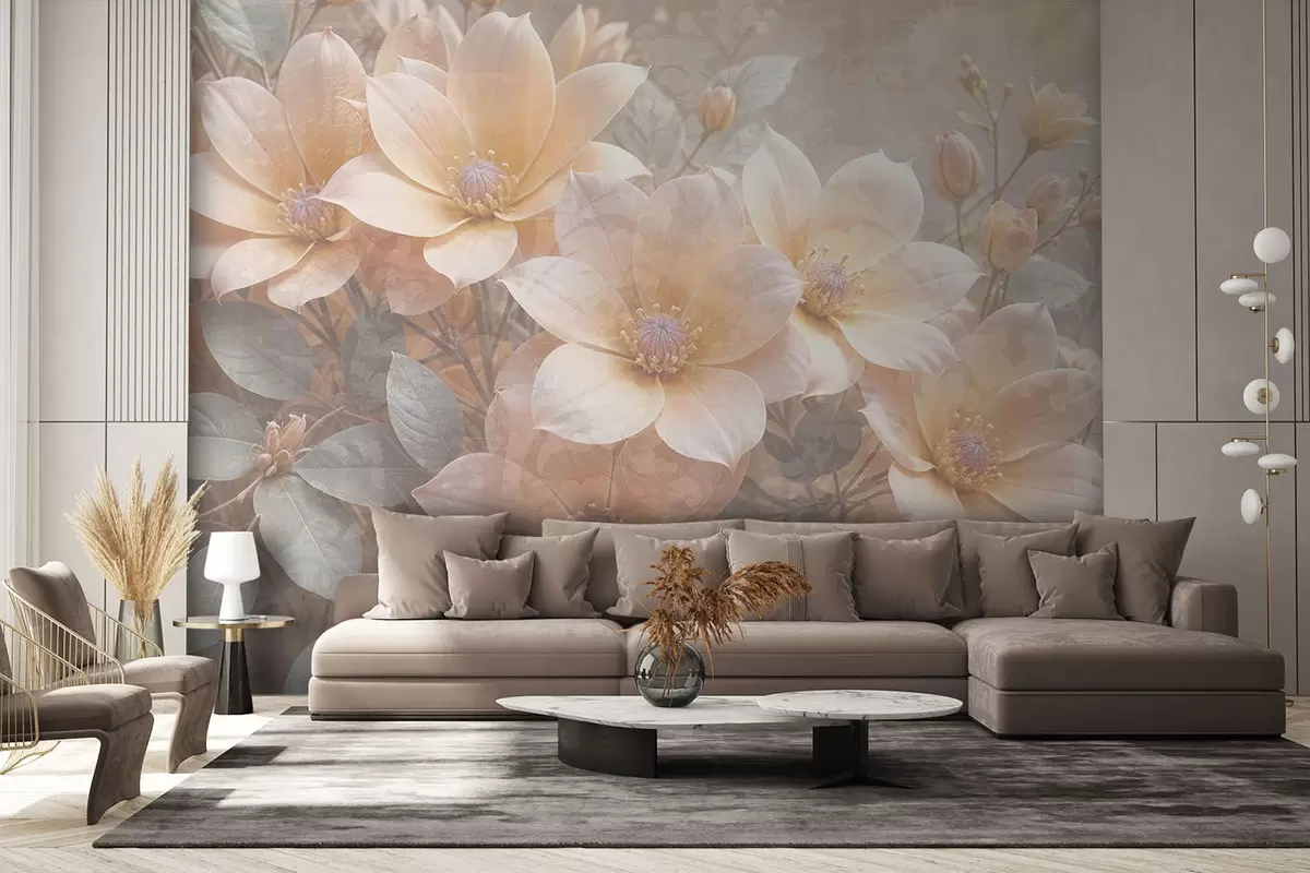 murales de pared Flores de colores pastel con delicados pétalos sobre un fondo de textura difuminada , creando una atmósfera serena w08273