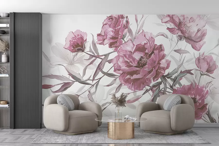 murales de pared Pintura de peonías rosas con exuberante follaje sobre un fondo abstracto claro  w08274