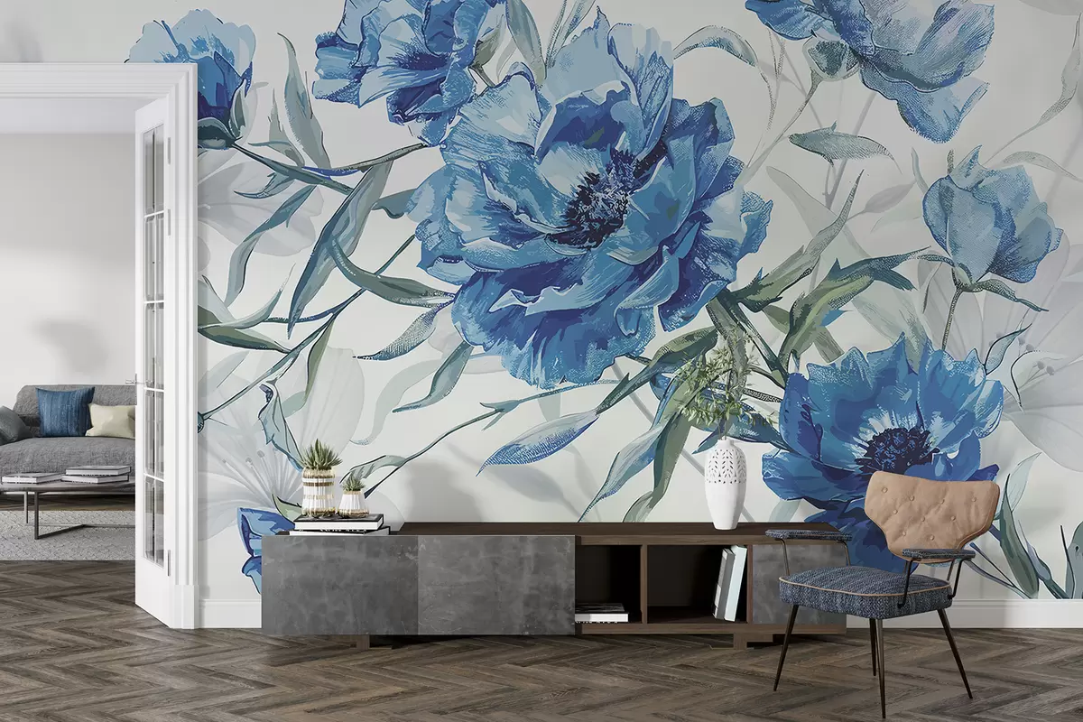 murales de pared Pintura de peonías azules con exuberante follaje sobre un fondo abstracto claro  w08274v1