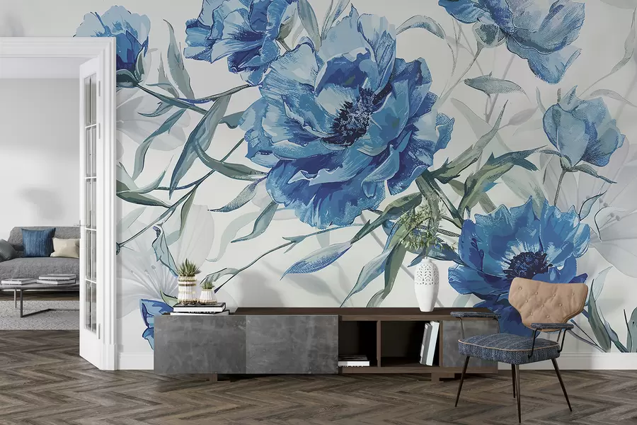 murales de pared Pintura de peonías azules con exuberante follaje sobre un fondo abstracto claro  w08274v1