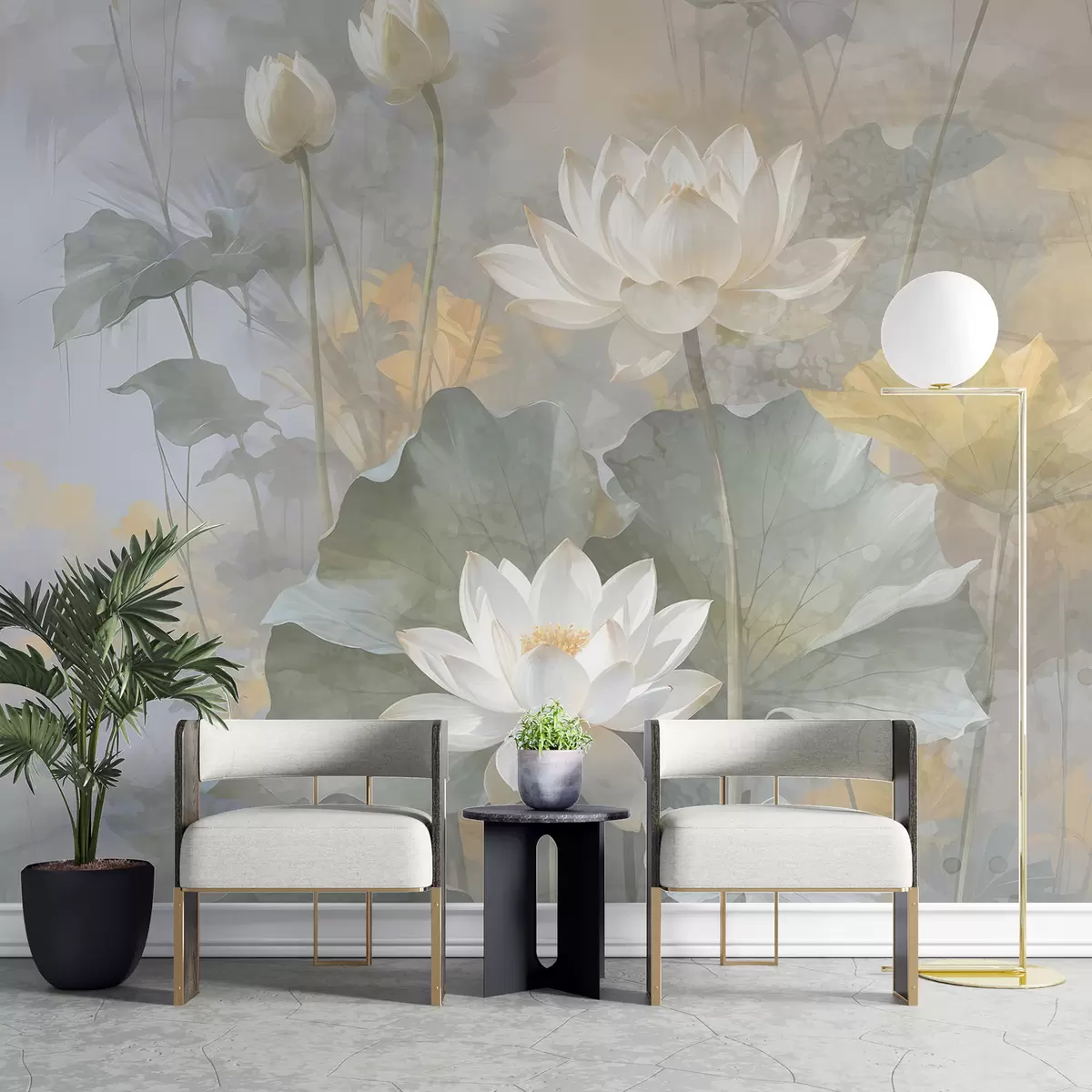 murales de pared Flores de loto blancas con hojas en un estanque con un suave fondo difuminado amarillo y verde w08275